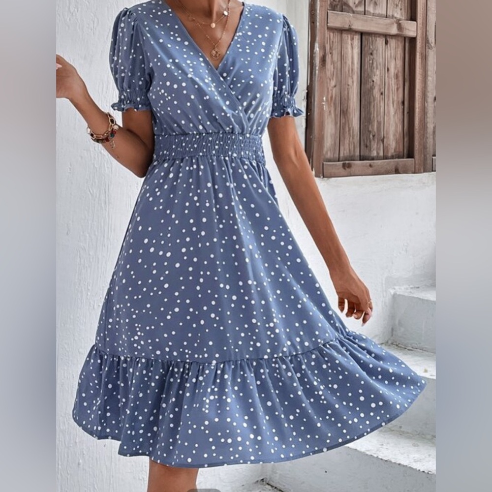 SHEIN CURVE Size 3XL Blue With White Polka Dots Ruffled Puff Sleeve Midi Dress